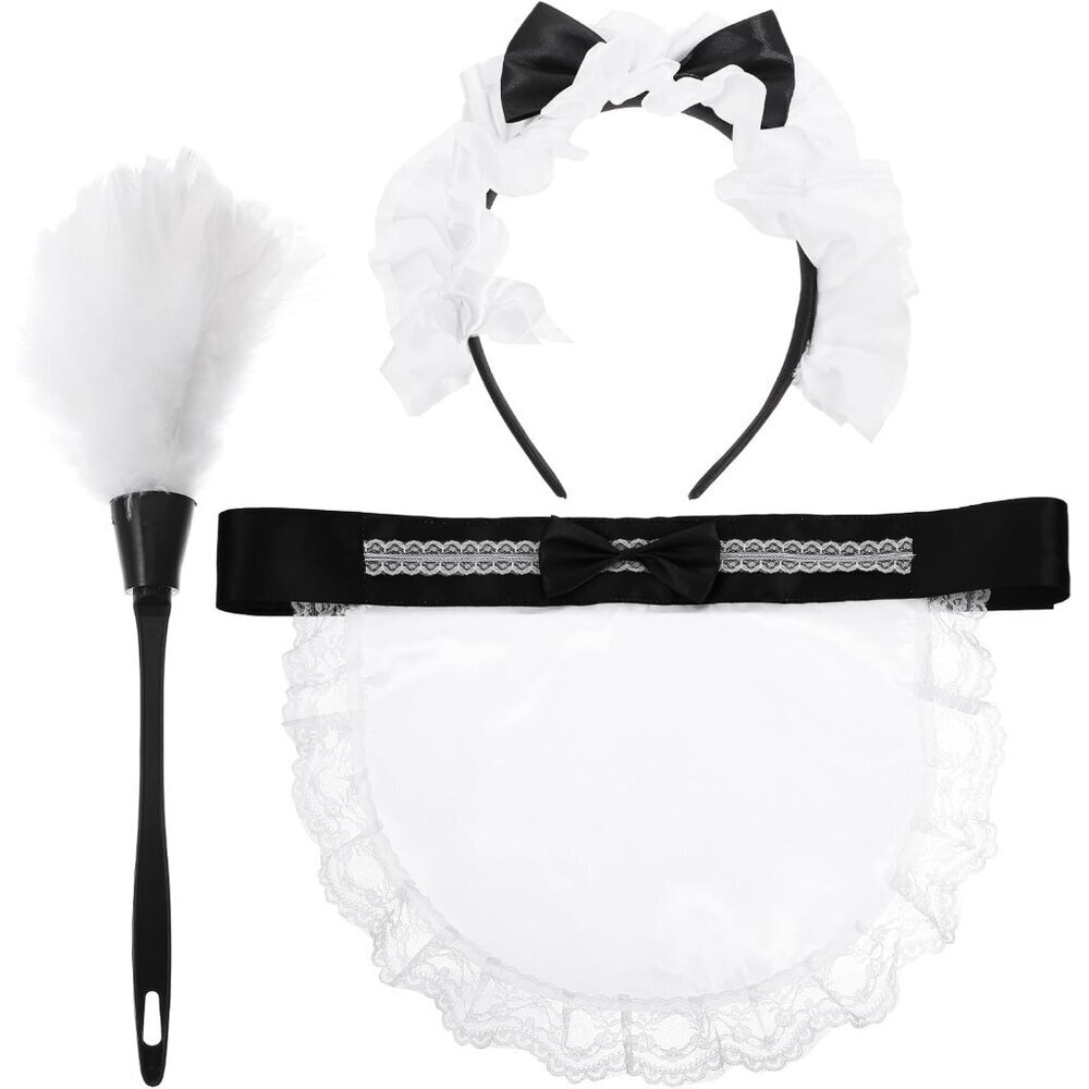 Women Maid Costume Accessories Set Lace Hair Hoop Apron Feather Duster